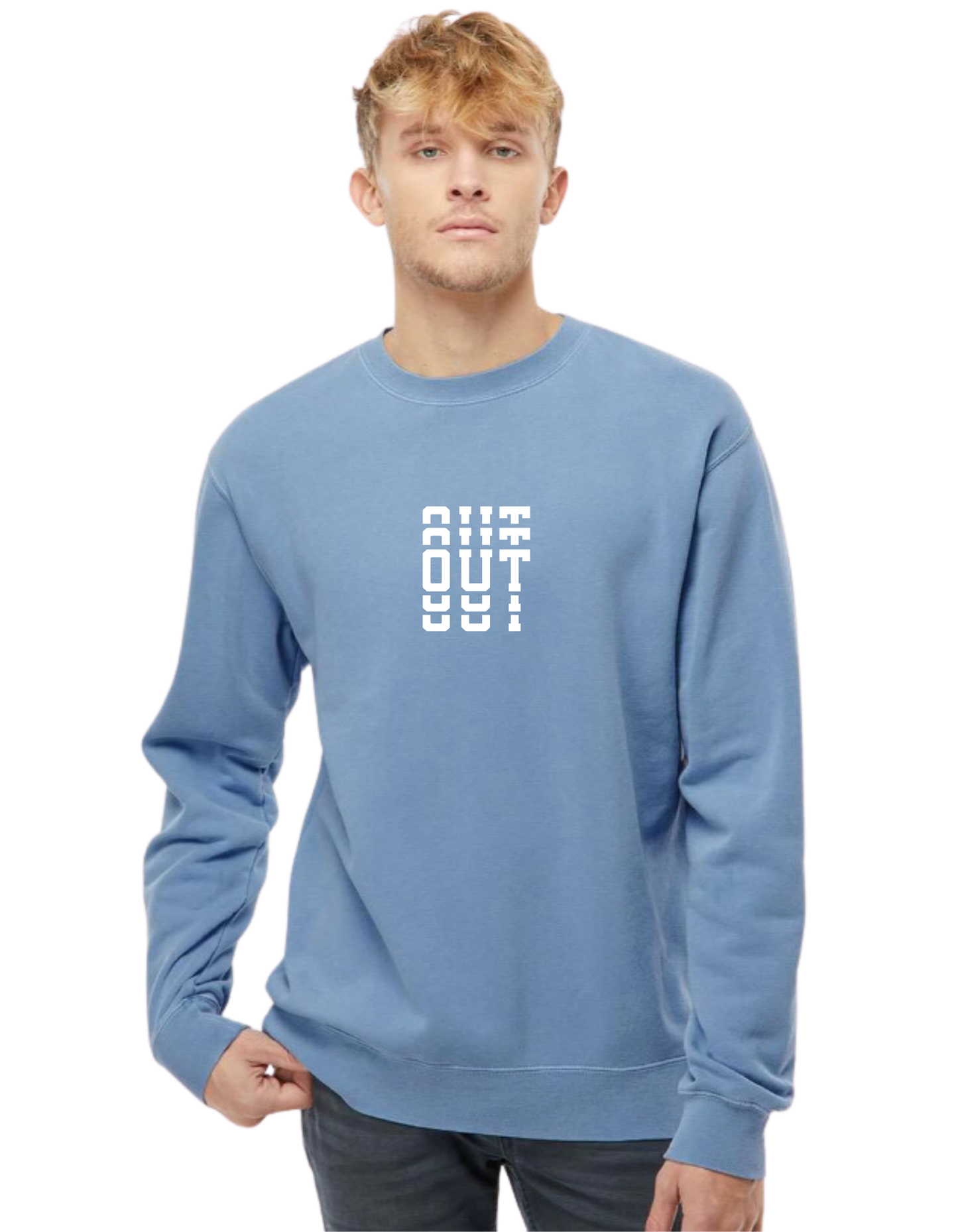 Light blue repeated out design with left arm logo Independent Pigment Dyed Crew Neck