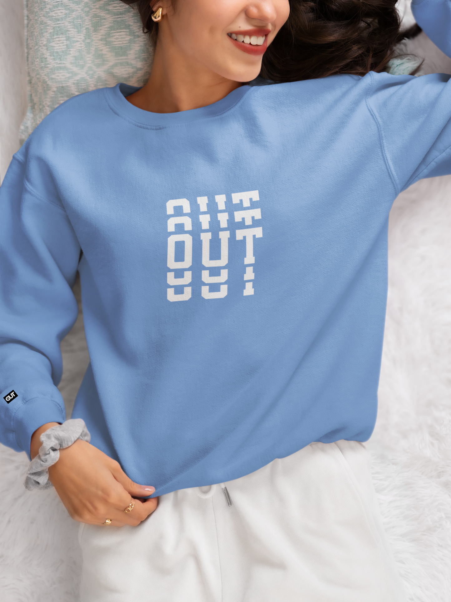 Light blue repeated out design with left arm logo Independent Pigment Dyed Crew Neck